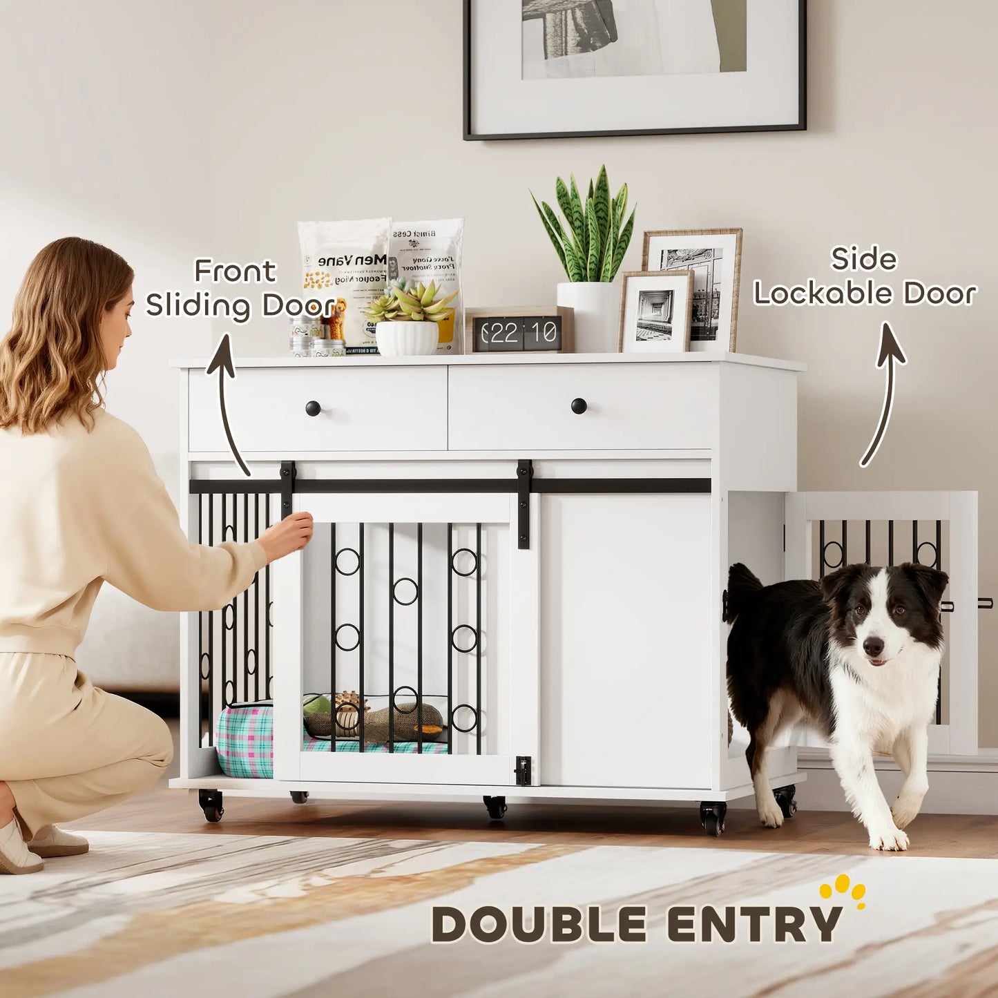 39 Inch Dog Crate Furniture, Indoor Kennel with Drawers, Wheels, Oak Dog Cages & Crates at Gallery Canada