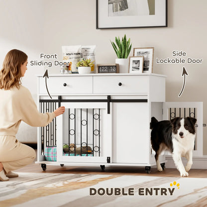 39 Inch Dog Crate Furniture, Indoor Kennel with Drawers, Wheels, Oak Dog Cages & Crates at Gallery Canada