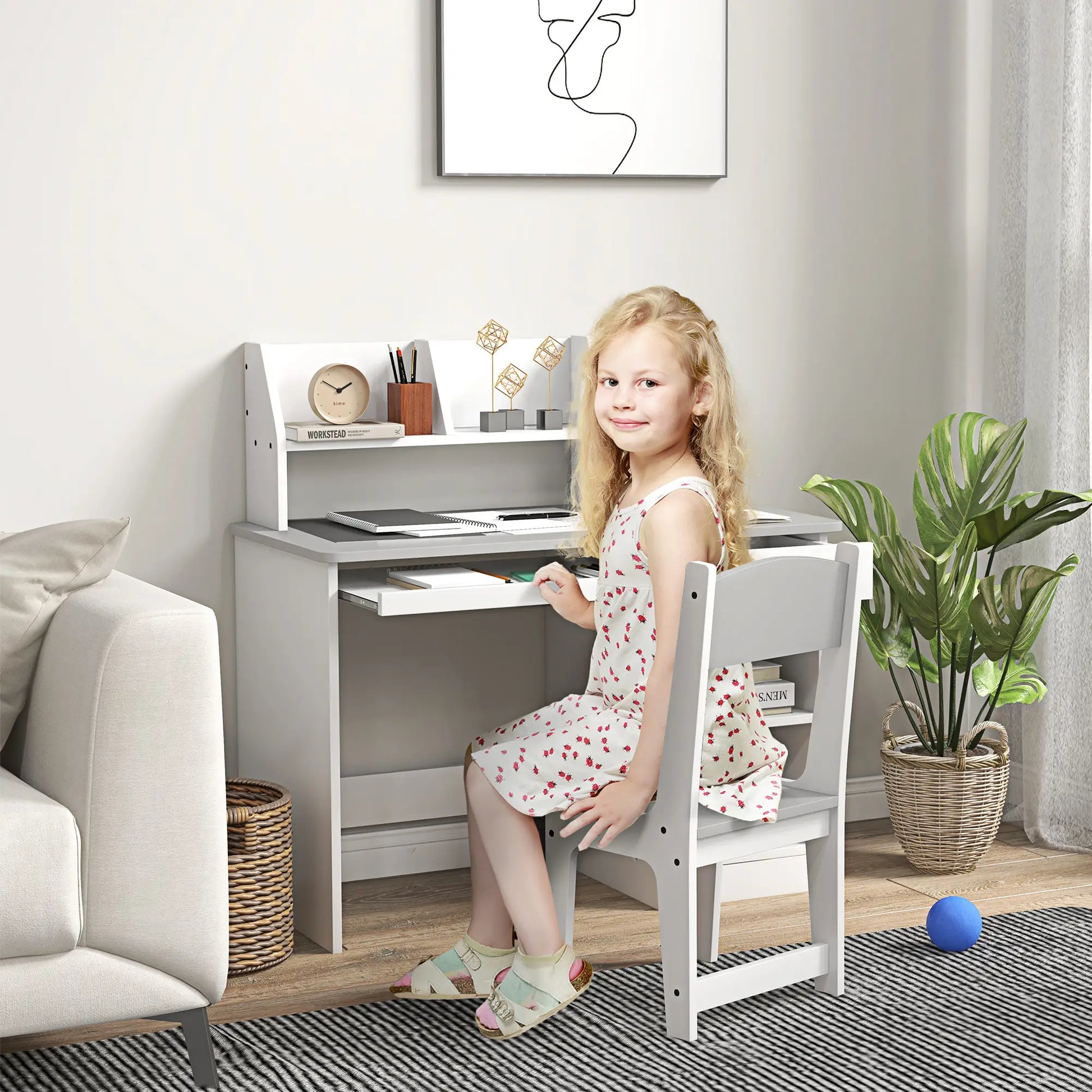 Kids Desk and Chair Set, Study Table for 5-8 Year Old, Grey Kids Desk Sets at Gallery Canada