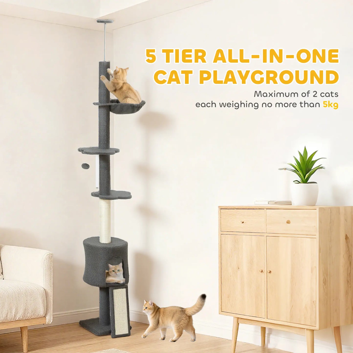 87"-94.5" Floor to Ceiling Cat Tree with Sisal Scratching Post, Condo, Hammock, Ramp, Perches, Dark Grey Floor to Ceiling Cat Trees at Gallery Canada