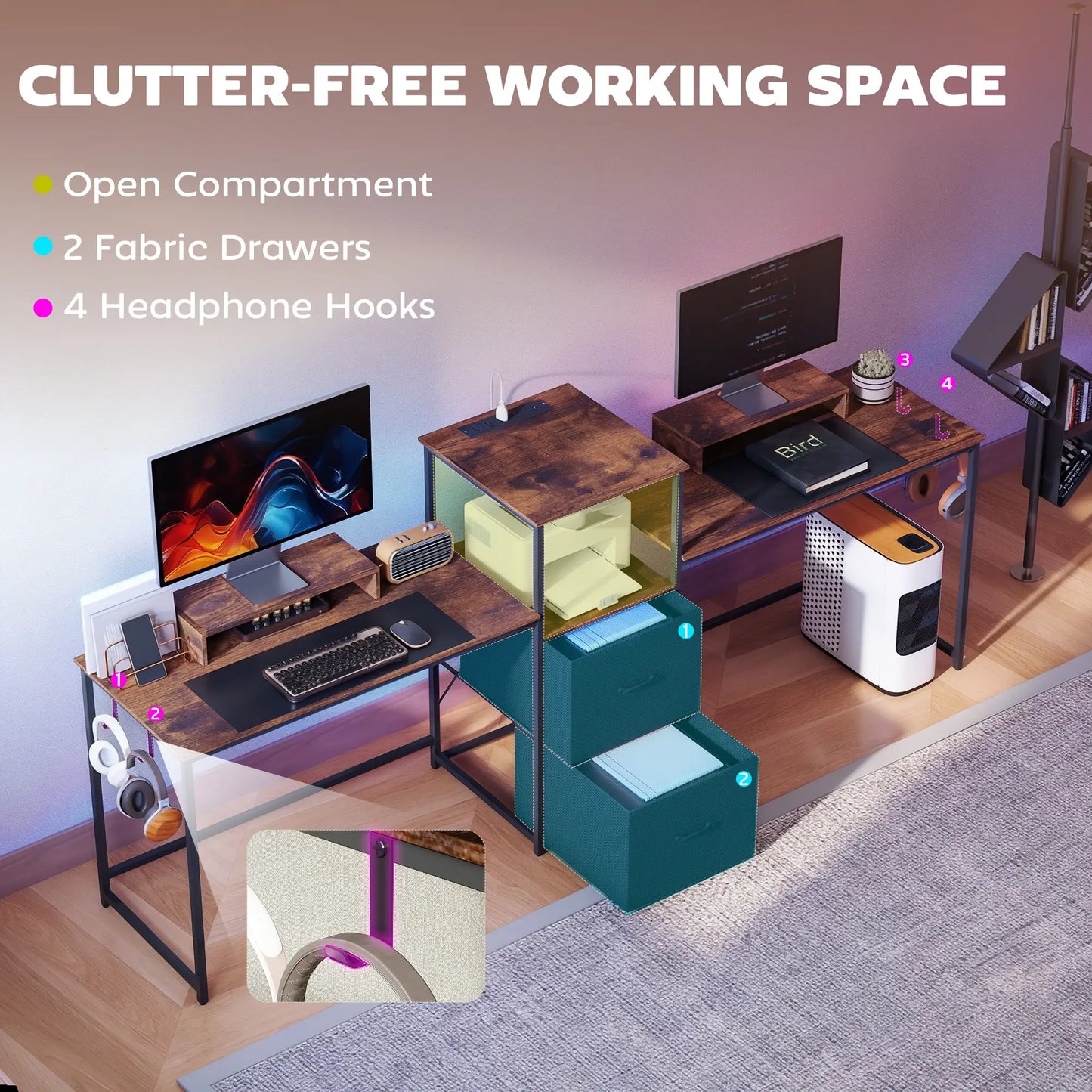 96 Inch Gaming Desk, Dual Computer Desk, Rustic Brown, Brown