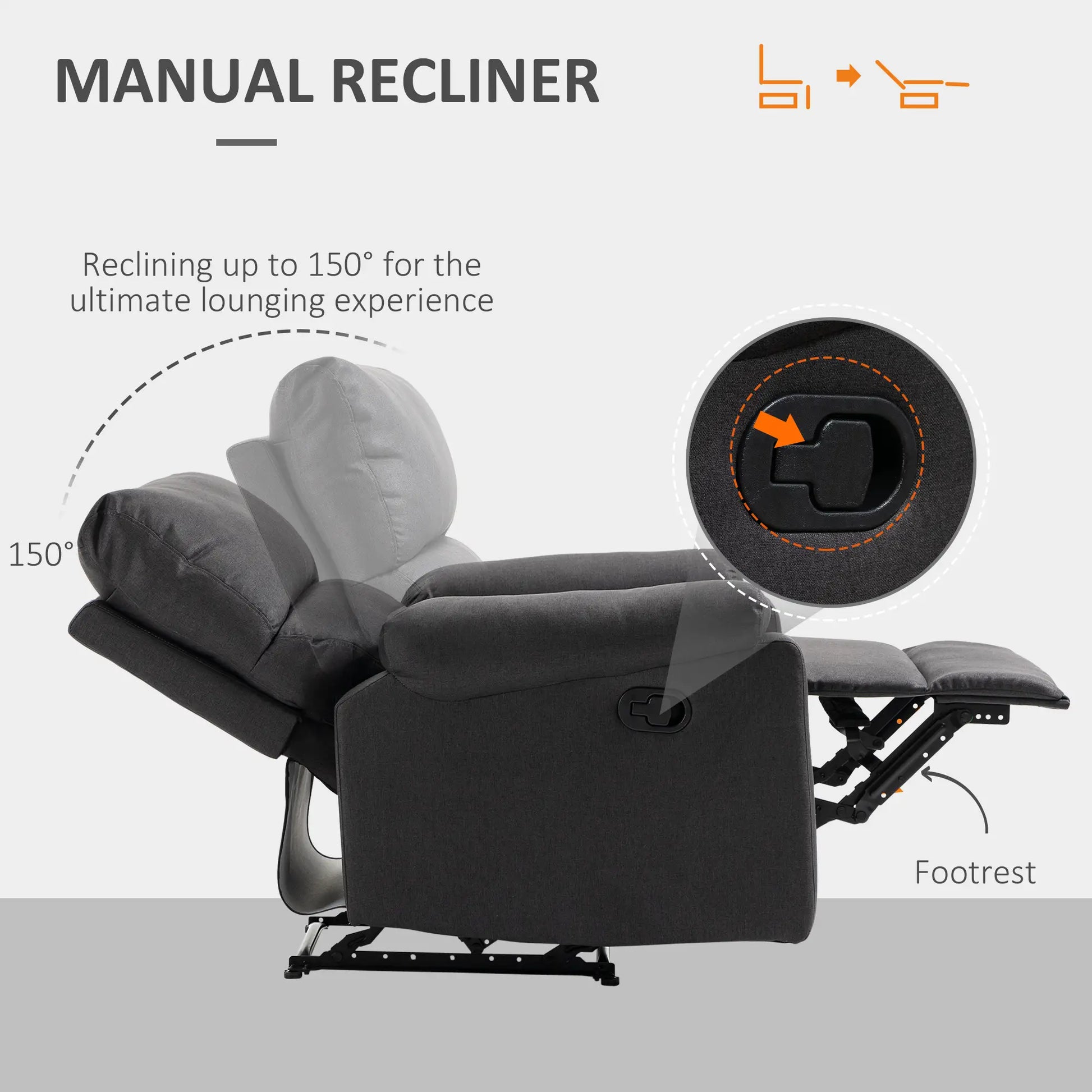 Manual Recliner Chair with Footrest, Padded Seat, Dark Grey Single Sofas at Gallery Canada