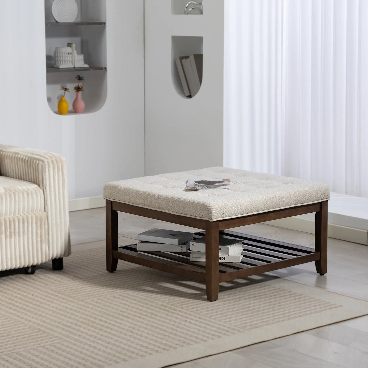 32 Inch Ottoman Coffee Table, Beige Linen Upholstered Storage Footstool, Beige Coffee Tables at Gallery Canada