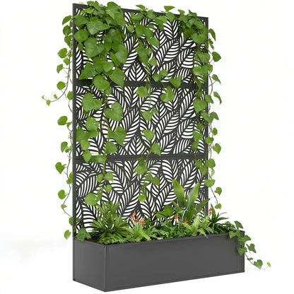 70" Metal Planter Box With Trellis, Raised Garden Bed, Leaves Cut-Out Galvanized Planter Boxes at Gallery Canada