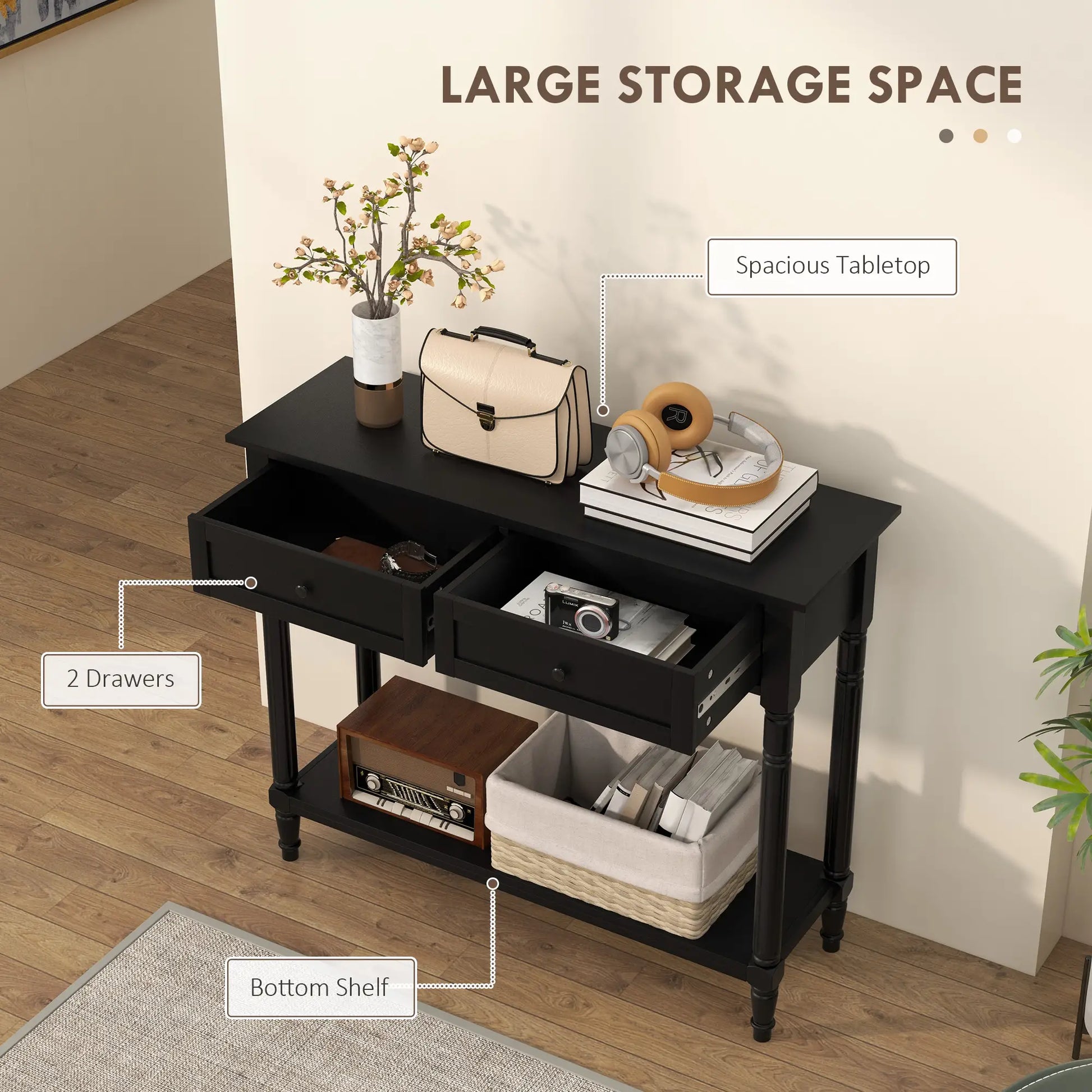 Modern Hallway Console Table, 2 Drawers, Storage Shelf, Turned Legs, Black Console Tables at Gallery Canada