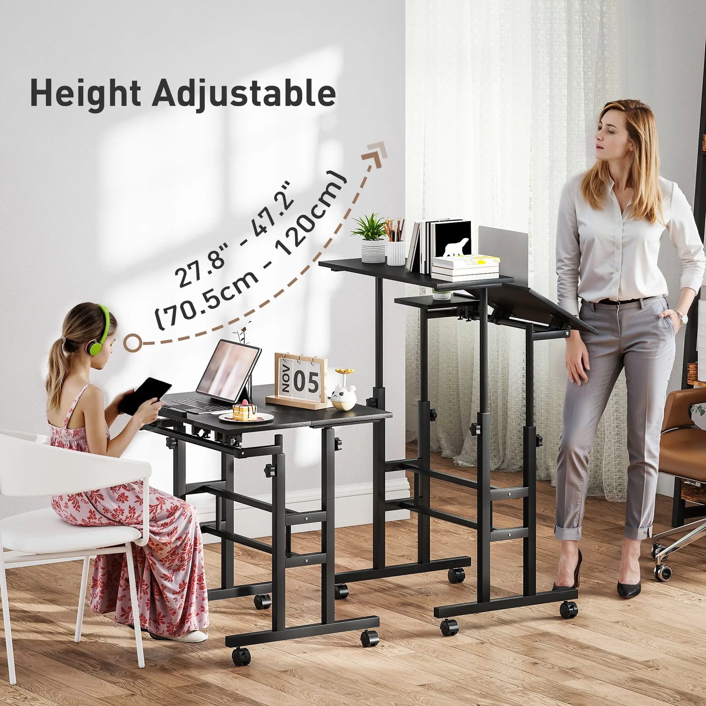 Mobile Stand Up Desk, Height and Angle Adjustable with Wheels, Black Computer Desks at Gallery Canada
