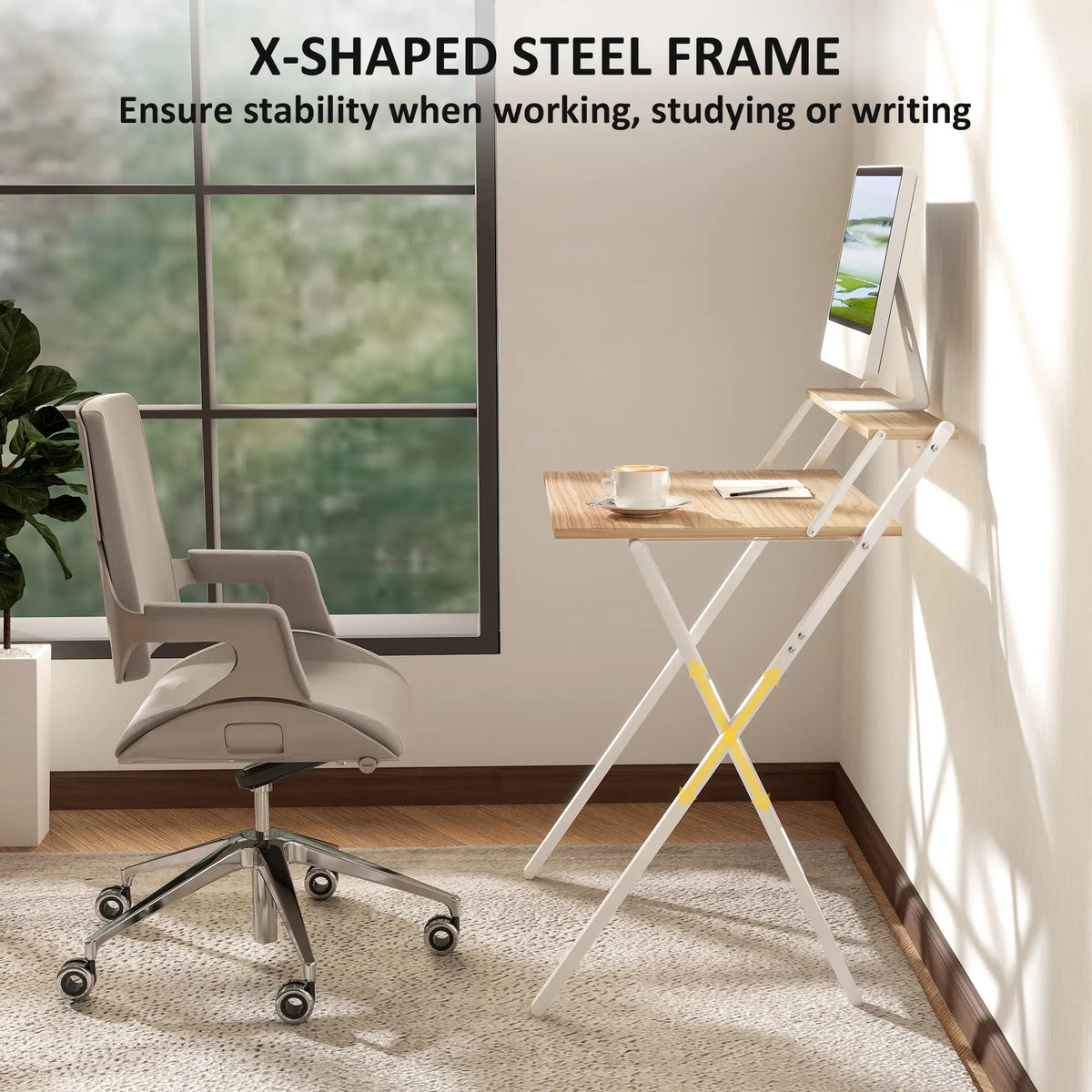 Folding Computer Desk, 27.6" Foldable Desk with Monitor Shelf, Natural Wood Writing Desks at Gallery Canada