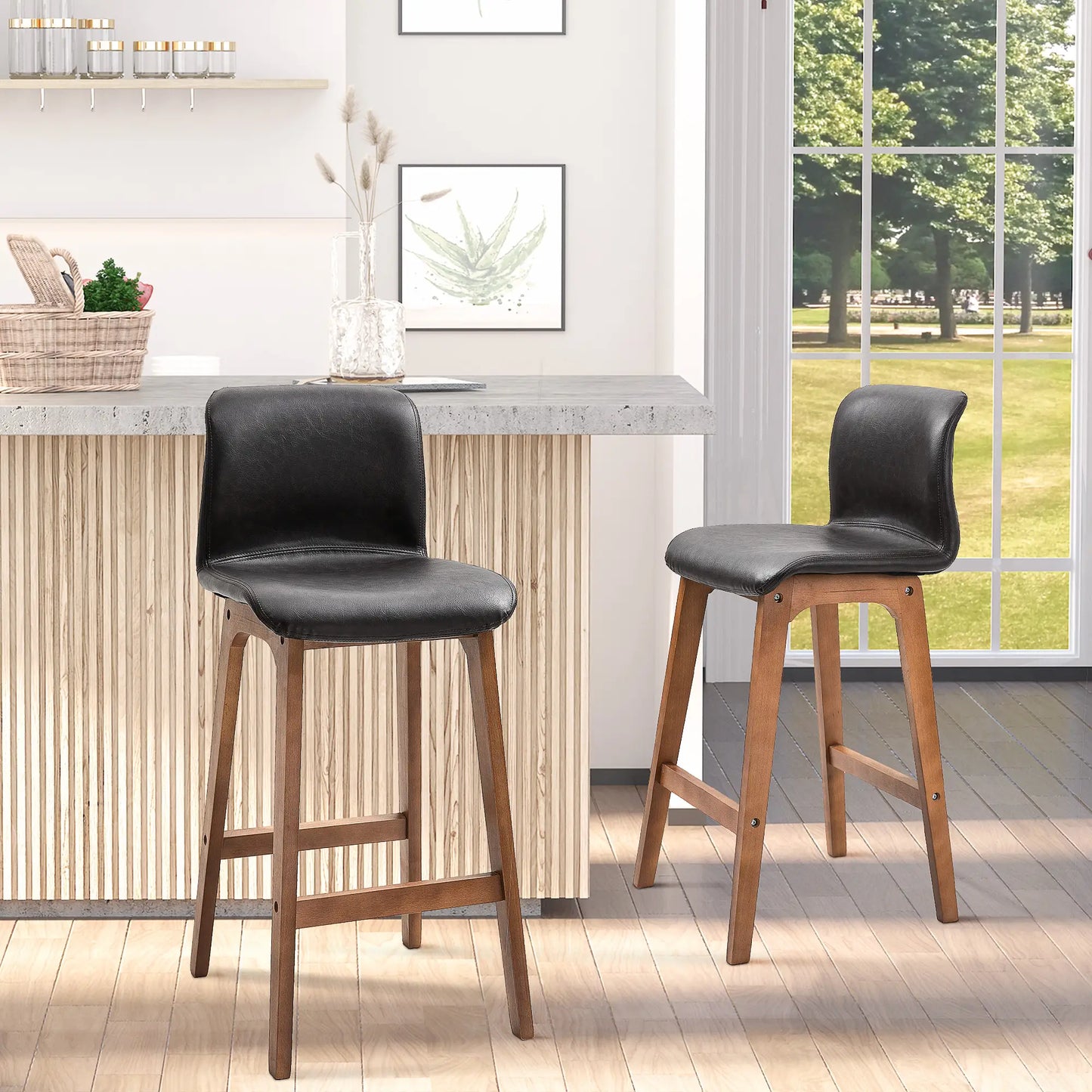 Modern Bar Stools Set of 2, Counter Height, PU Leather, Wooden Frame, Dark Brown Bar Stools at Gallery Canada