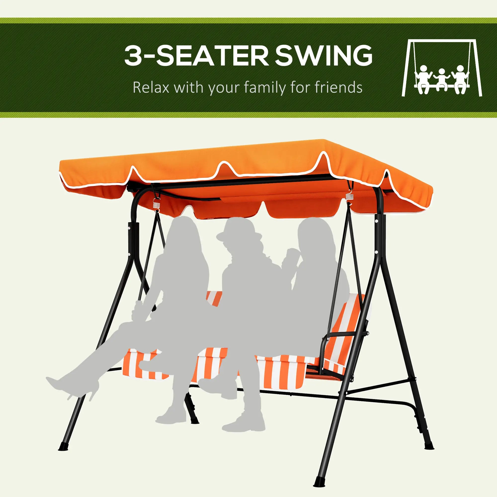 3-Seater Outdoor Porch Swing, Adjustable Canopy, Orange Patio Swings with Stand at Gallery Canada