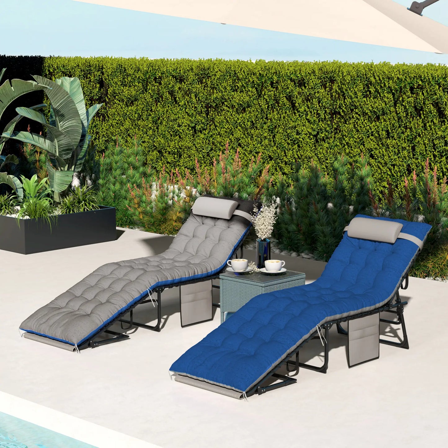 Folding Chaise Lounge Chair Set Of 2, With Cushion And Side Pocket, Brown/Blue Lounger Chairs at Gallery Canada