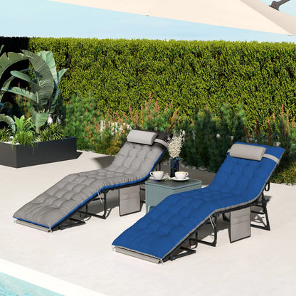 Folding Chaise Lounge Chair Set Of 2, With Cushion And Side Pocket, Brown/Blue Lounger Chairs at Gallery Canada