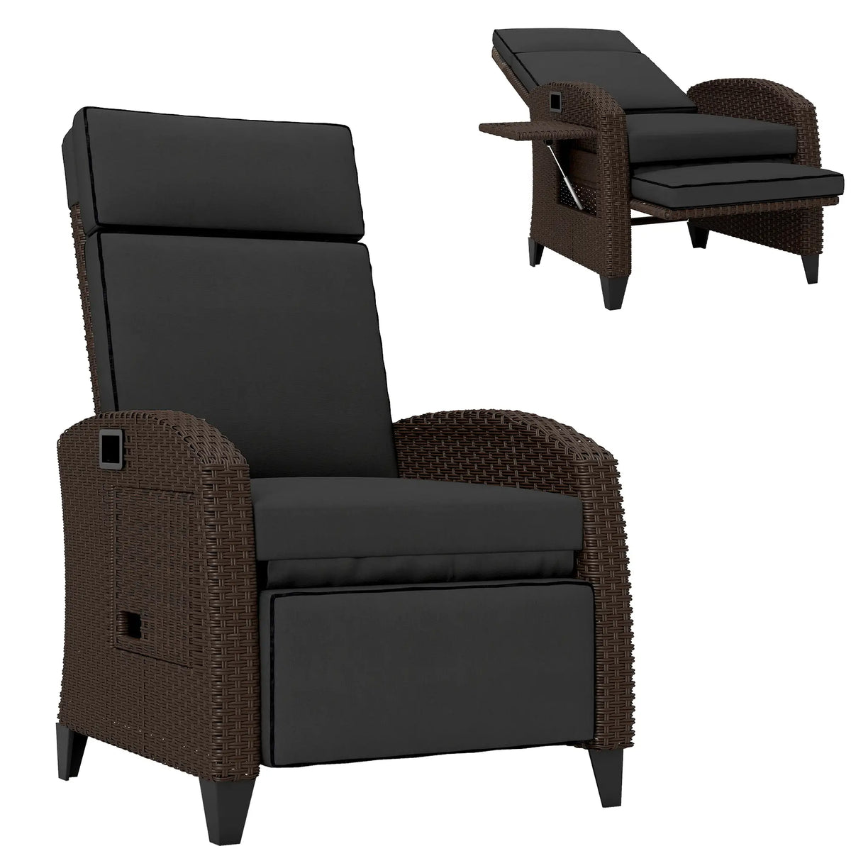 Outdoor Recliner Chair, Adjustable Backrest, Cushion, Side Tray, Black Wicker Chaise Loungers at Gallery Canada