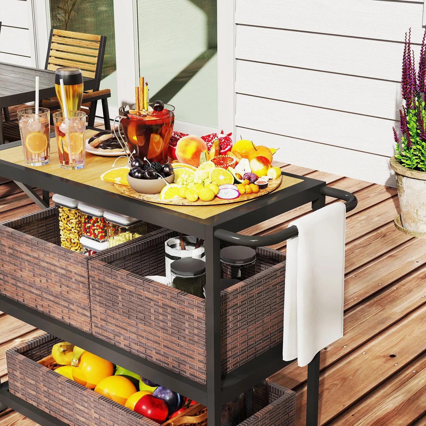 Outdoor Bar Cart, 3-Tier Rolling Cart With Removable Rattan Basket, Mixed-Brown Outdoor Grill Carts at Gallery Canada