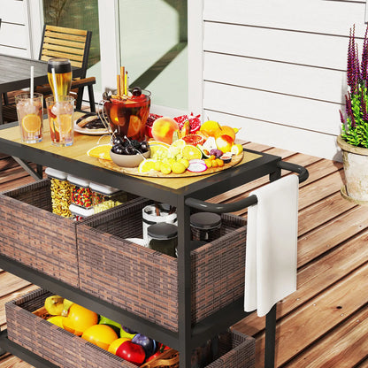 Outdoor Bar Cart, 3-Tier Rolling Cart With Removable Rattan Basket, Mixed-Brown Outdoor Grill Carts at Gallery Canada