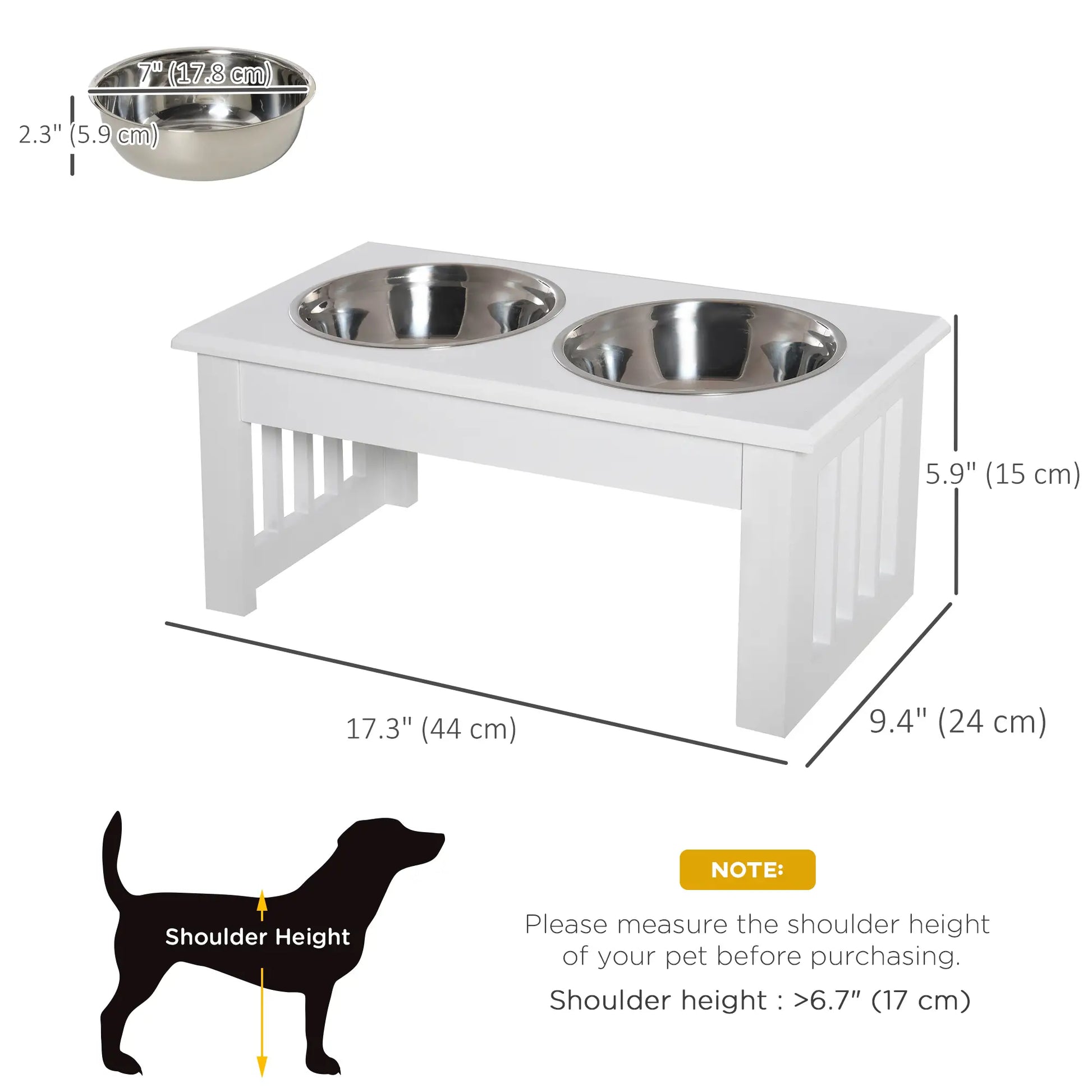 Double Pet Dog Bowl Stand, Elevated Wooden Feeder, Stainless Steel Bowls, White Dog Bowls at Gallery Canada