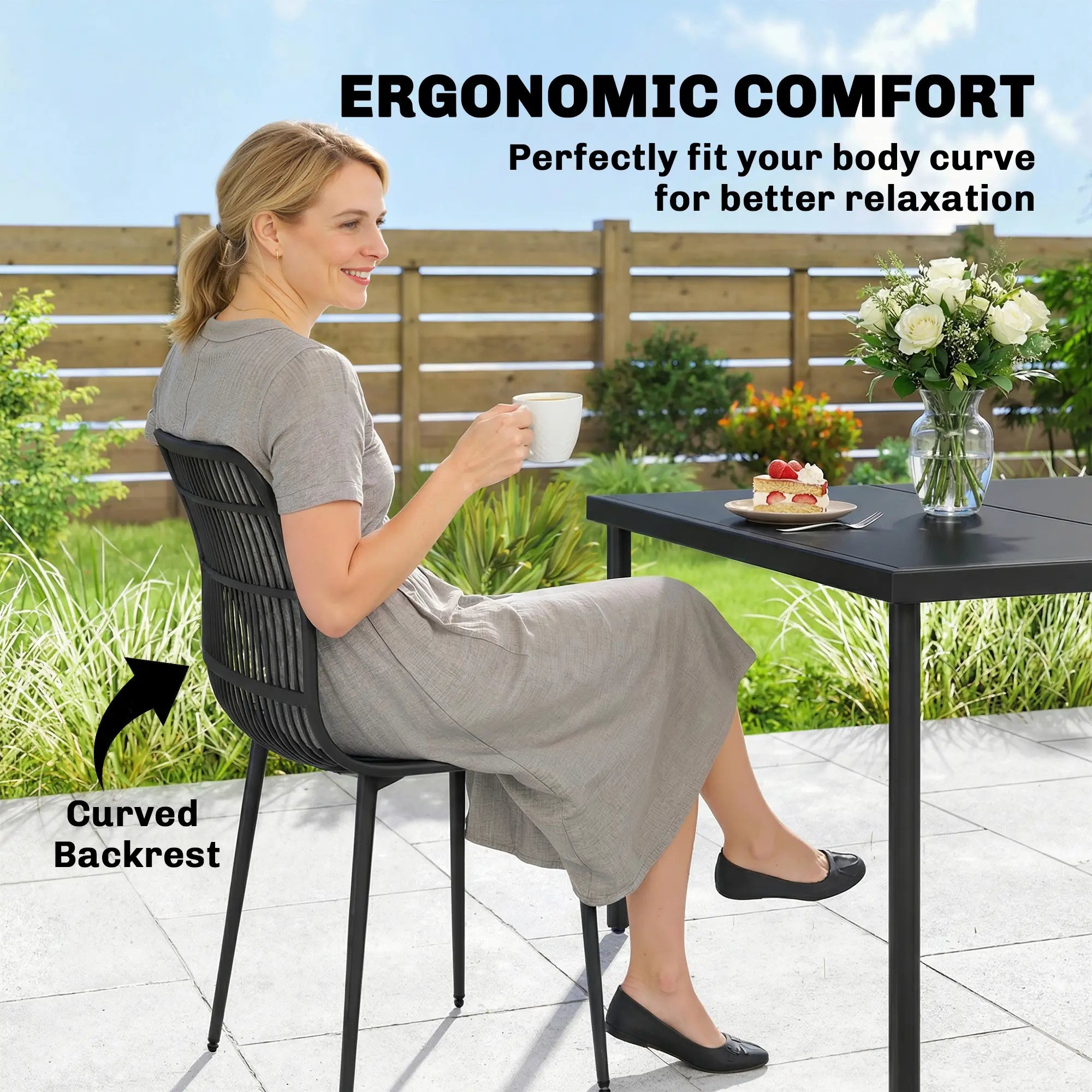 Outdoor Dining Chairs Set of 4, Slotted Backrest, Black Patio Chairs at Gallery Canada