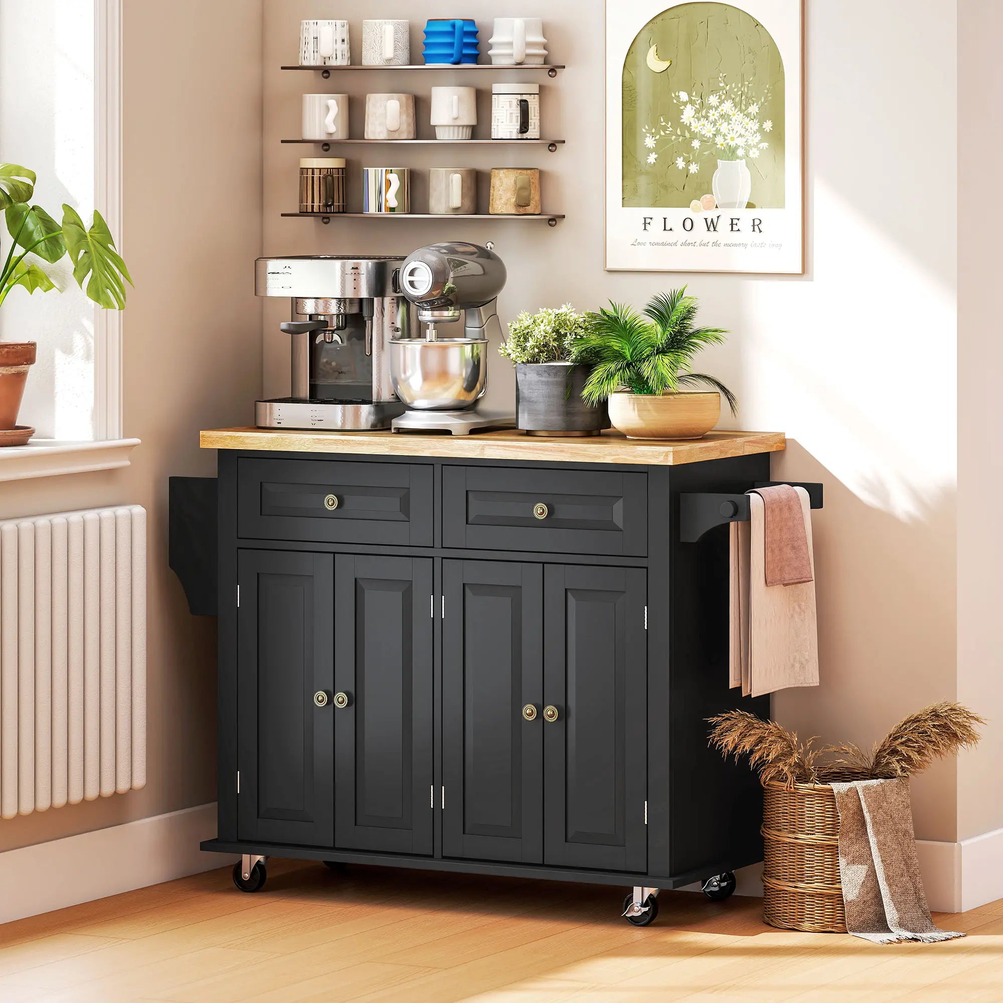 Kitchen Island with Storage, Rolling Trolley Cart with Rubber Wood Top, Spice Rack, Towel Rack, Black Kitchen Islands & Kitchen Carts at Gallery Canada