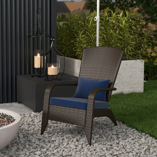 Outdoor Wicker Adirondack Chair, Rattan Muskoka Chair with Cushions, Dark Blue