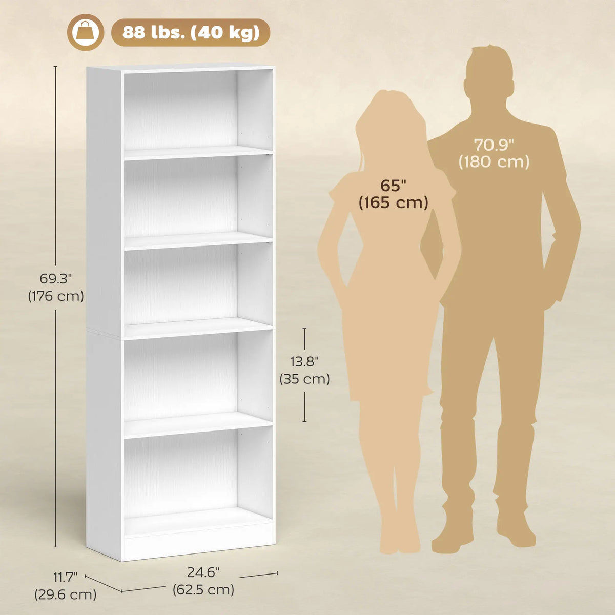 5-Tier Bookcase, Adjustable Shelves, Storage Bookshelf, White