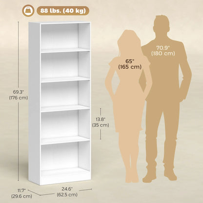 5-Tier Bookcase, Adjustable Shelves, Storage Bookshelf, White
