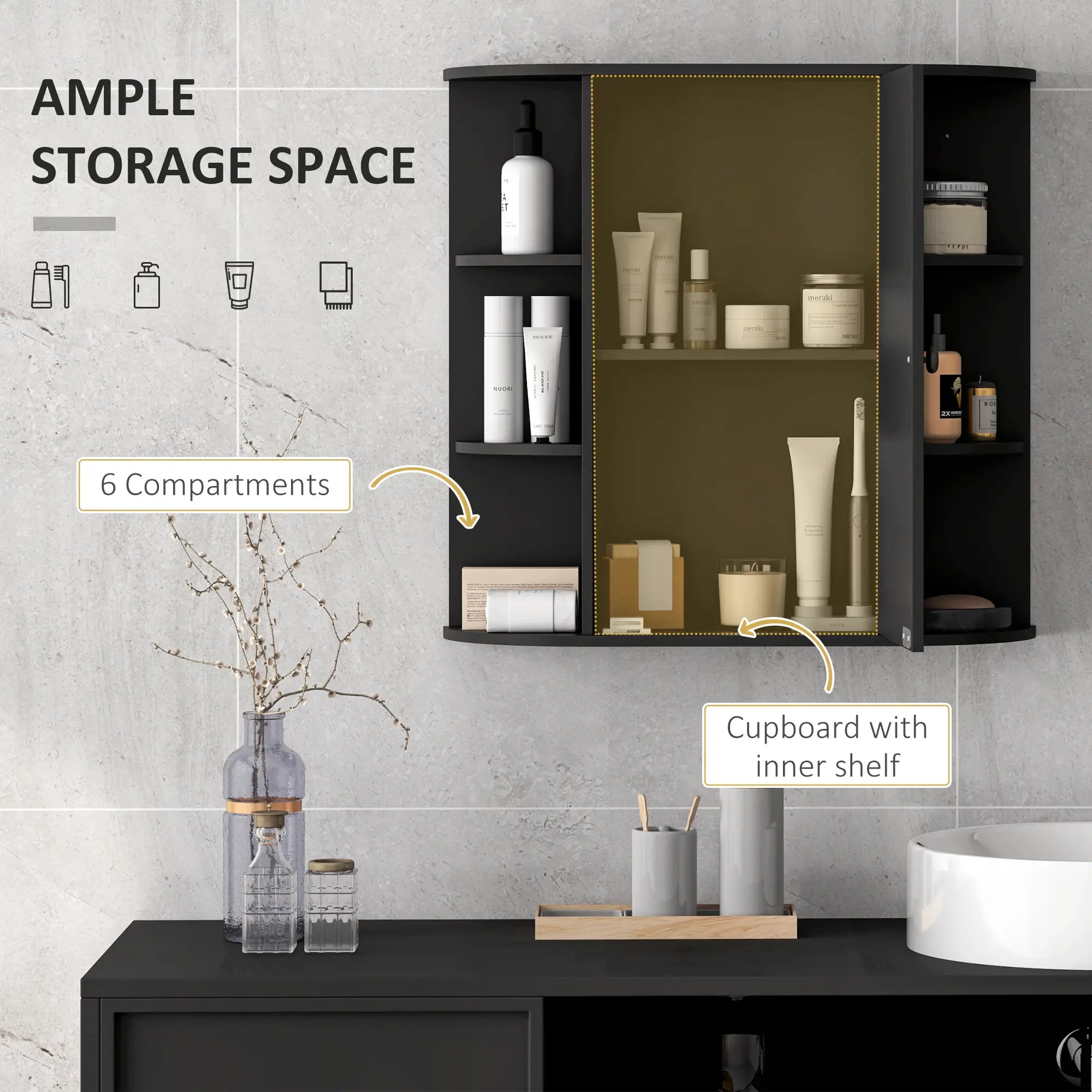 Mirrored Bathroom Wall Cabinet, Wall Mounted, With Door & Shelves, Black Mirror Medicine Cabinets at Gallery Canada