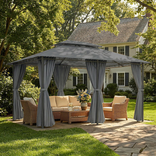 13'L x 10'l x 8.7'H Gazébo de patio, Canopée de jardin à 2 niveaux, Gris