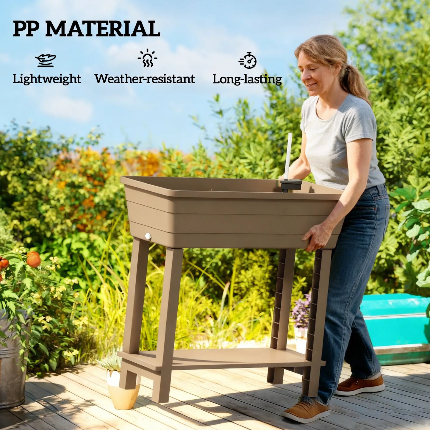 41L Self Watering Raised Garden Bed, Transparent Lid, Storage Shelf, Brown