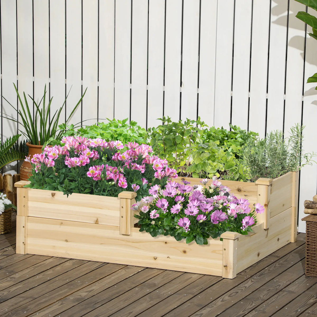 Lit de jardin surélevé à 3 niveaux, Bac à plantes en bois, 42,5"x34,6"x14,2", Naturel