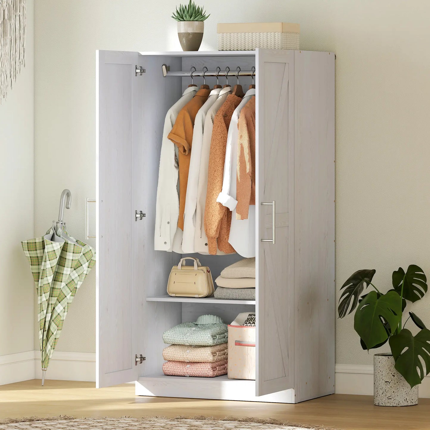 Farmhouse Armoire Wardrobe, 2 Barn Doors, White Wood Effect, White Clothing Storage at Gallery Canada
