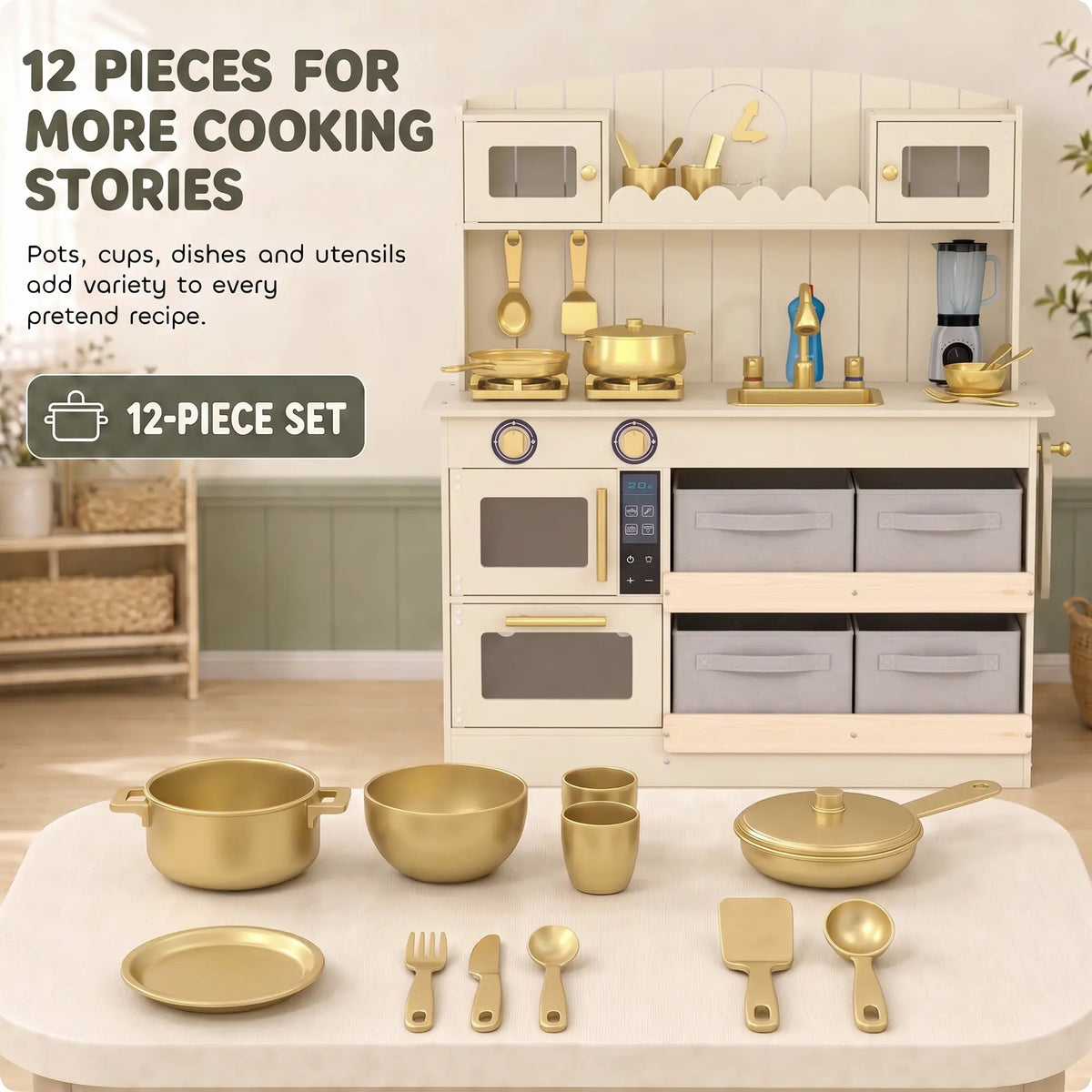 Ensemble de cuisine en bois pour enfants, lumières, sons, 12 pièces, crème