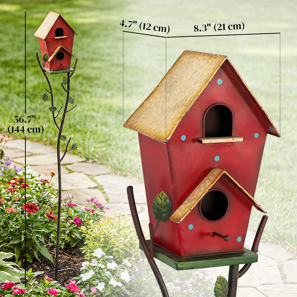 57" Outdoor Bird House With Pole, Metal, Double-Hole, Red Birds at Gallery Canada