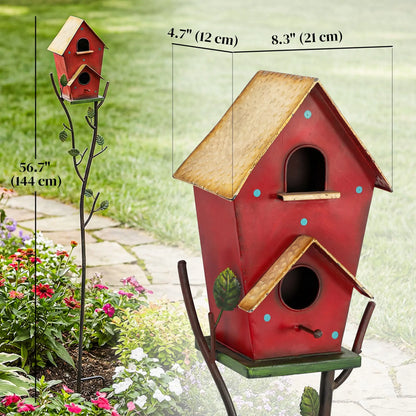 57" Outdoor Bird House With Pole, Metal, Double-Hole, Red Birds at Gallery Canada