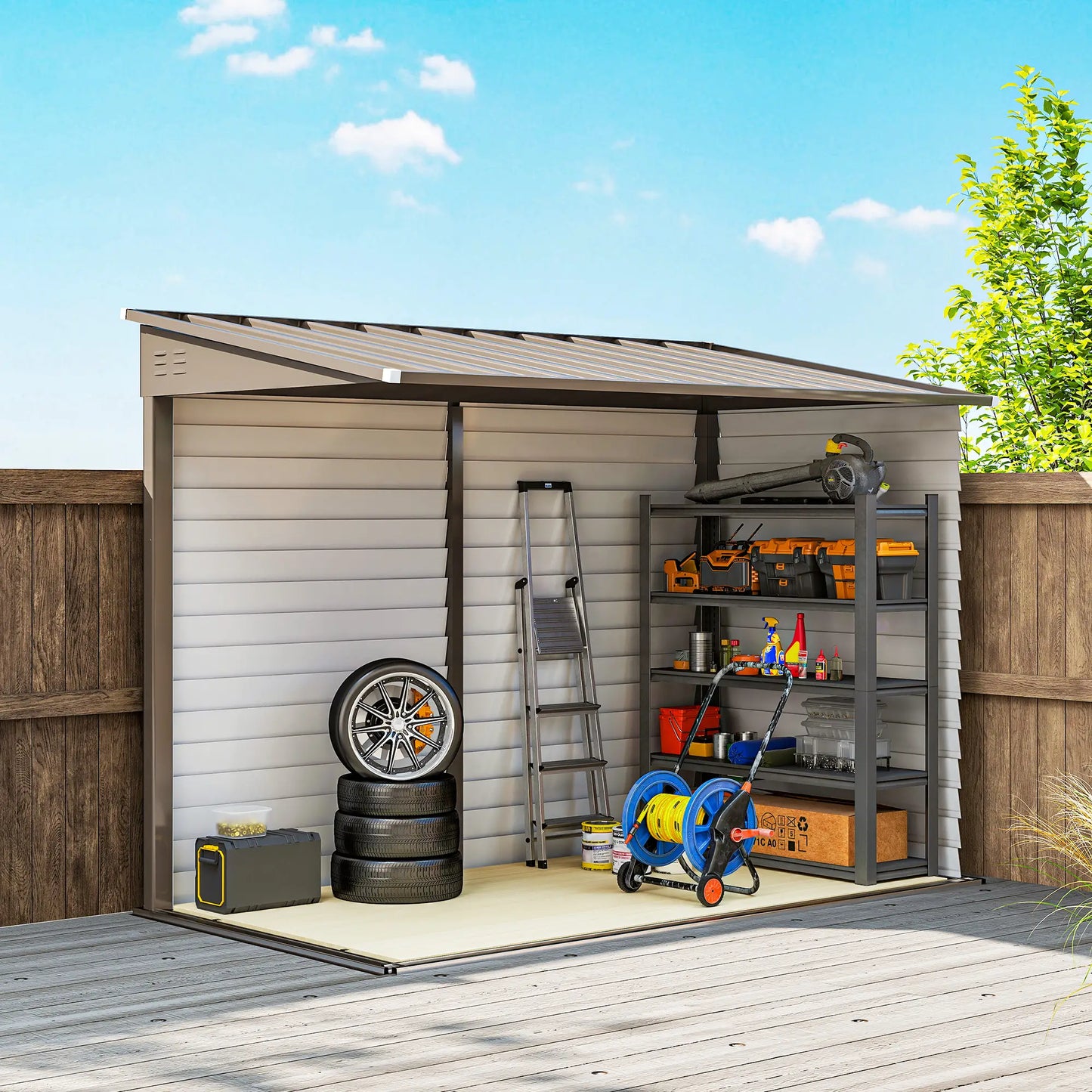 4.6' x 9' Brown Steel Outdoor Storage Shed, Lean To Metal Tool House, Brown Sheds at Gallery Canada