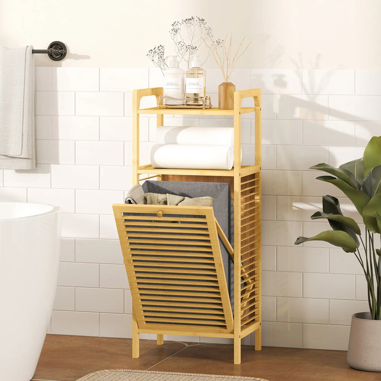 Bamboo Laundry Cabinet, Tilt Out Hamper with Basket, Natural Bathroom Cabinets at Gallery Canada
