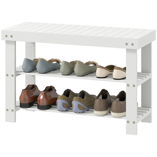 Bamboo Shoe Storage Bench, 3-Tier, 2 Shelves, Holds 6 Pairs, White