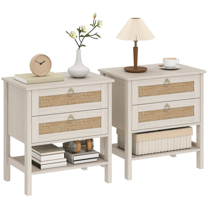 Set Of 2 Rattan Nightstands, 2 Drawers, Storage Shelf, White Oak Bedside Tables at Gallery Canada