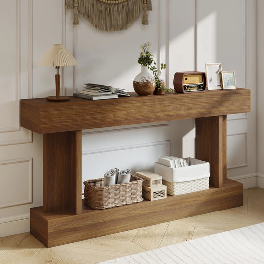 63 Inch Console Table, Vintage Narrow Entryway with Storage Shelf, Dark Brown Console Tables Dark Brown at Gallery Canada