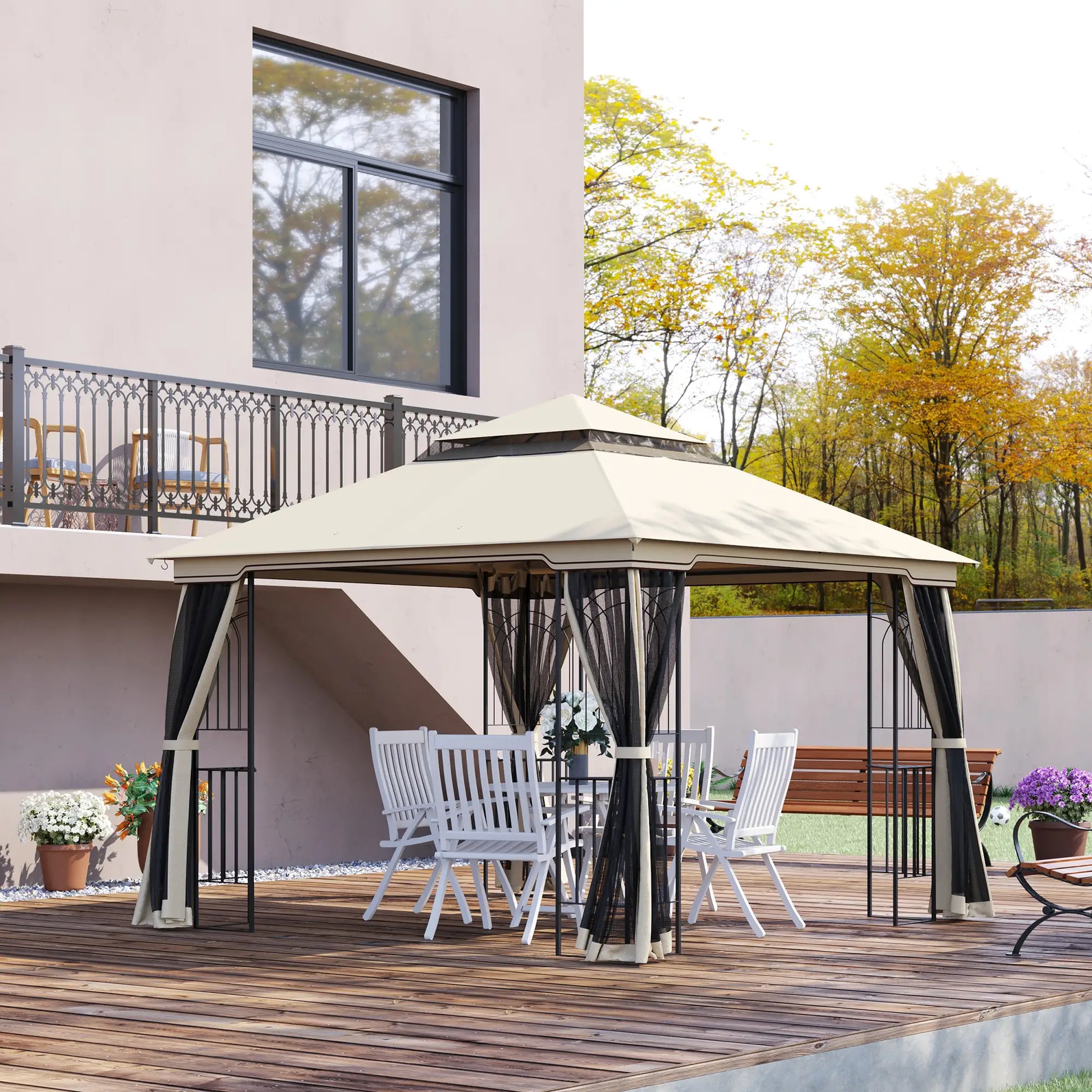 10'x10' Soft-Top Gazebo, Double Tier Roof, Mesh Curtains, Beige Gazebos at Gallery Canada
