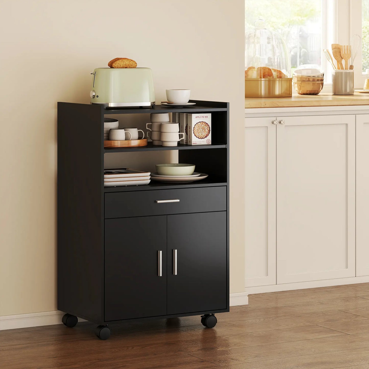 Microwave Cart with Wheels, Open Shelves and Drawer, Black Kitchen Islands & Kitchen Carts at Gallery Canada