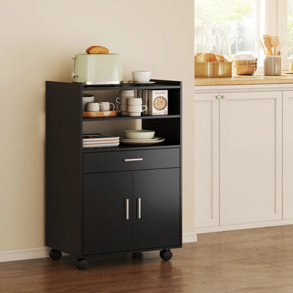 Microwave Cart with Wheels, Open Shelves and Drawer, Black Kitchen Islands & Kitchen Carts at Gallery Canada