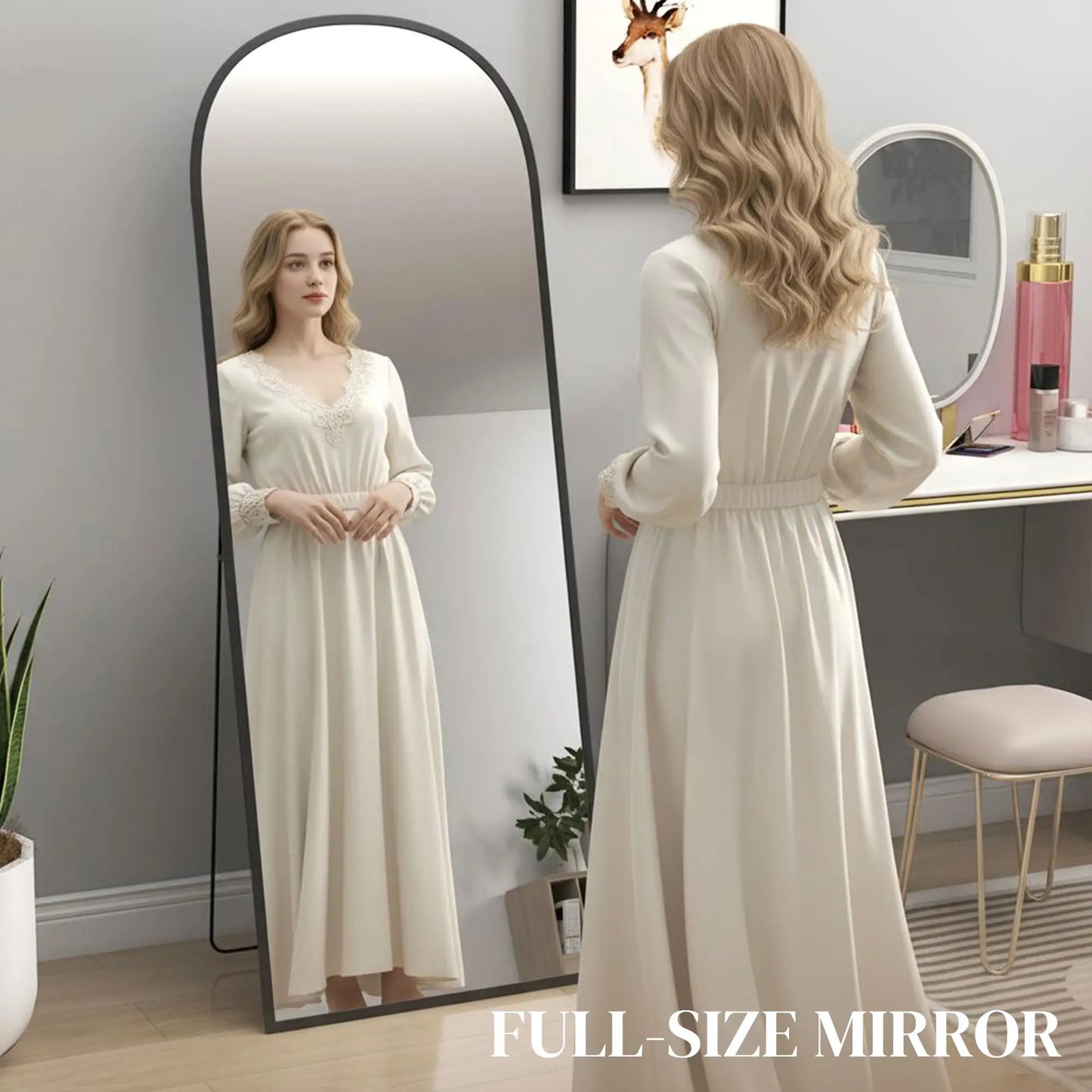 Arched Standing Mirror, 64" x 24", Full Length Mirror, Black