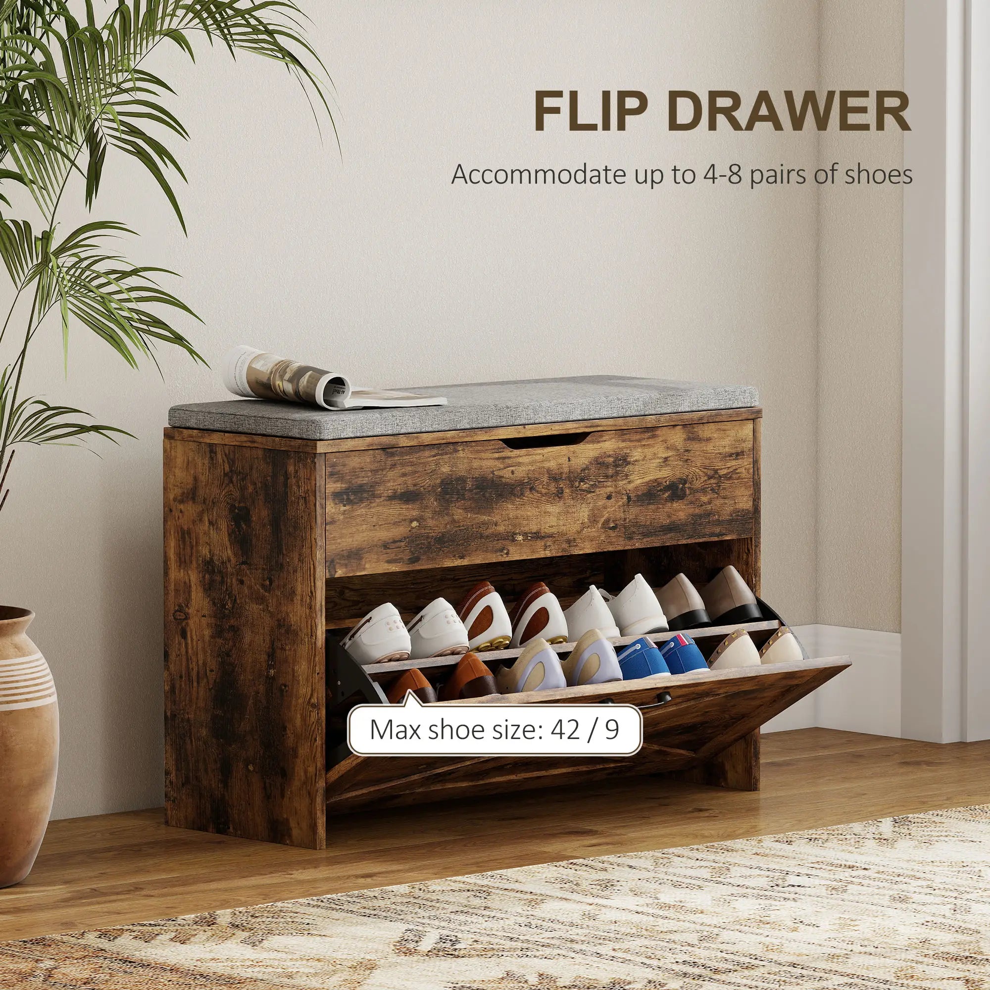Shoe Storage Bench with Flip Drawer, Lift Top, Seat Cushion, Rustic Brown Shoe Storage Cabinets & Racks at Gallery Canada