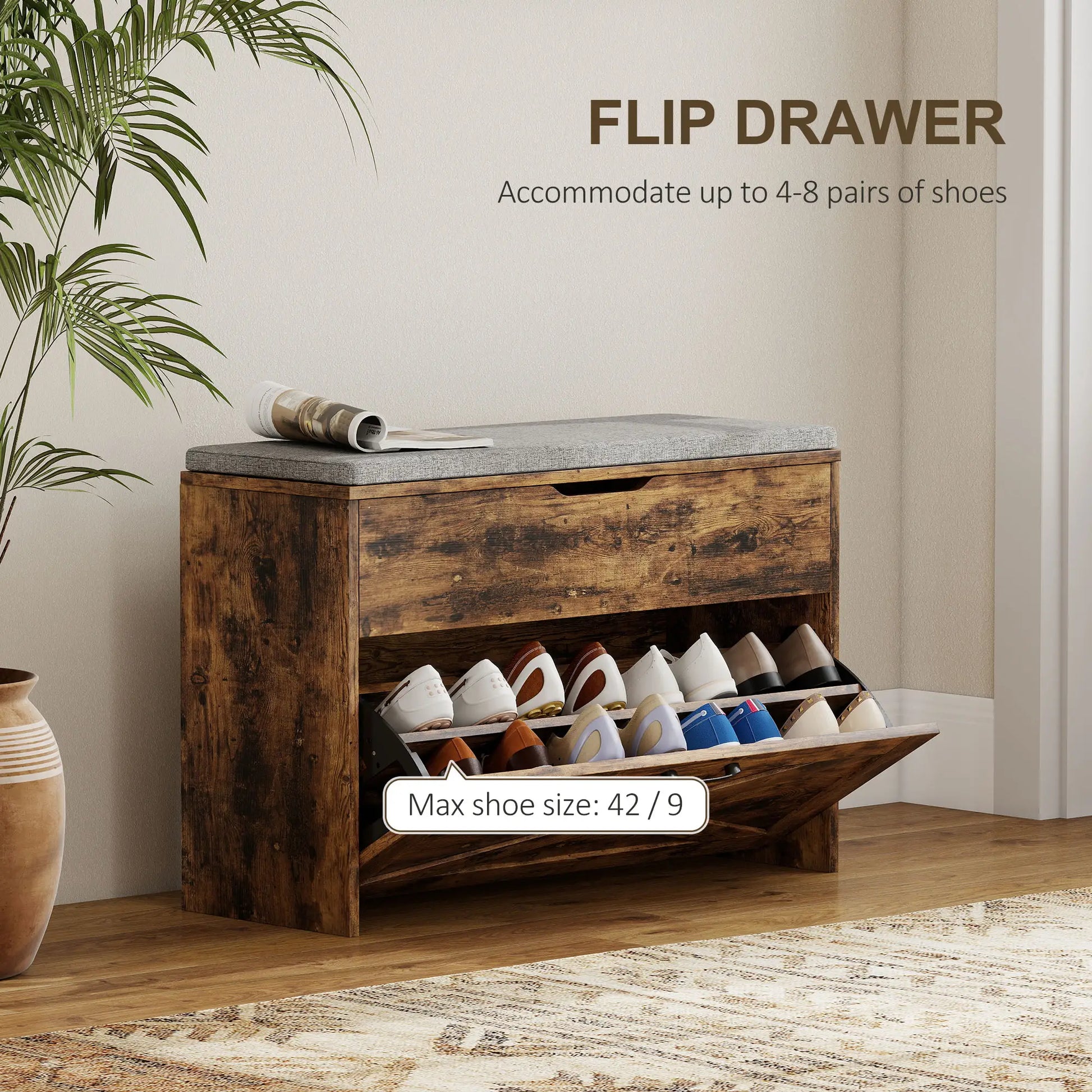 Shoe Storage Bench with Flip Drawer, Lift Top, Seat Cushion, Rustic Brown Shoe Storage Cabinets & Racks at Gallery Canada