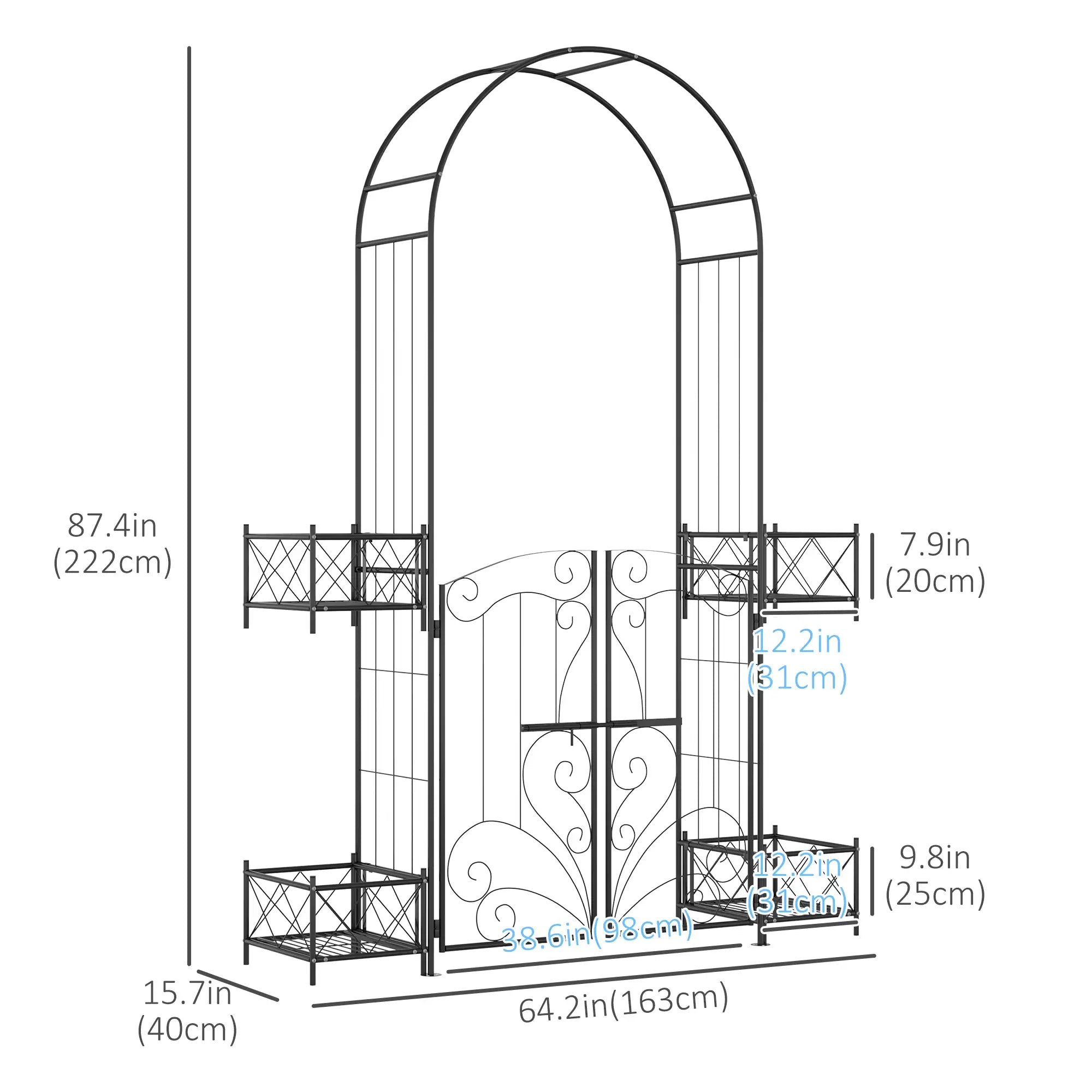 7.1FT Metal Garden Arch with Gate, 4 Planter Boxes, Black Garden Arches at Gallery Canada