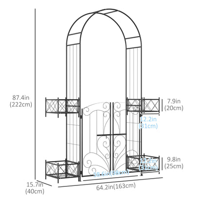 7.1FT Metal Garden Arch with Gate, 4 Planter Boxes, Black Garden Arches at Gallery Canada
