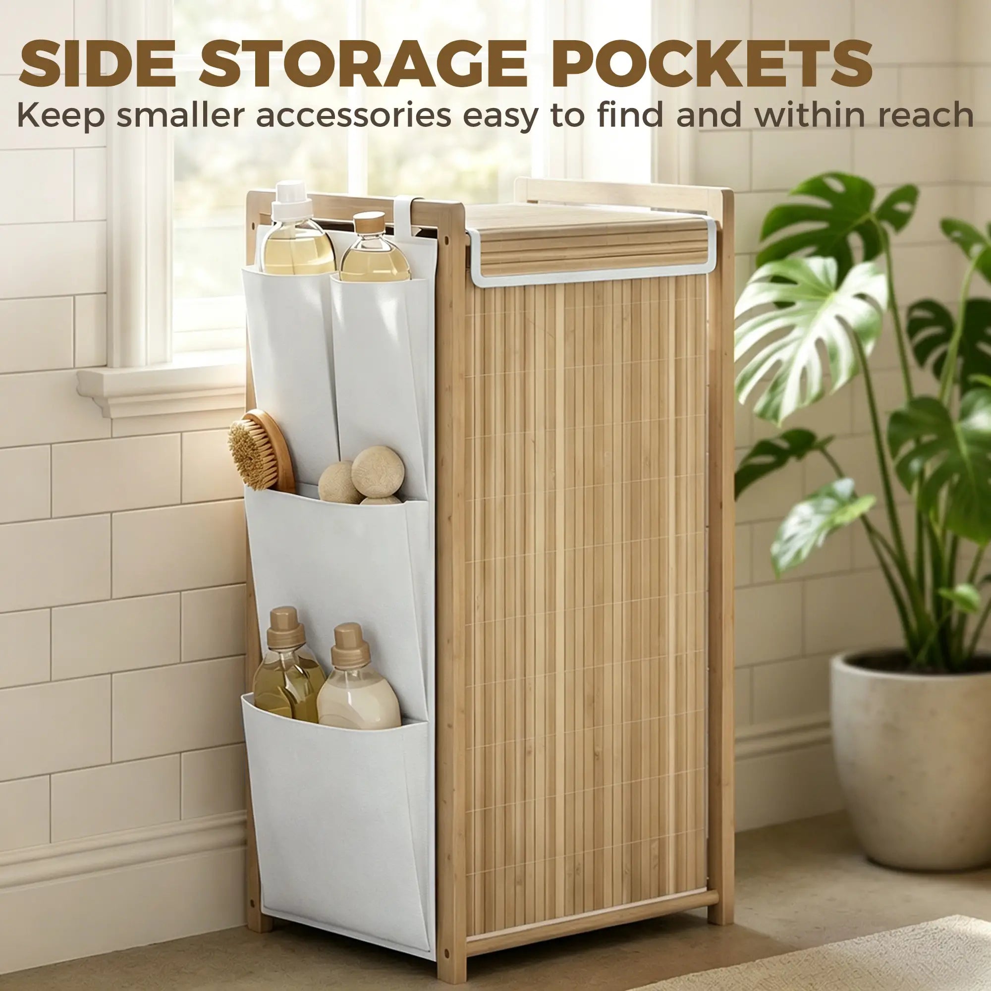 Bamboo Laundry Hamper with Removable Drawstring Bag and Side Storage Pockets, 19.8 Gal, Natural Bath Accessories at Gallery Canada