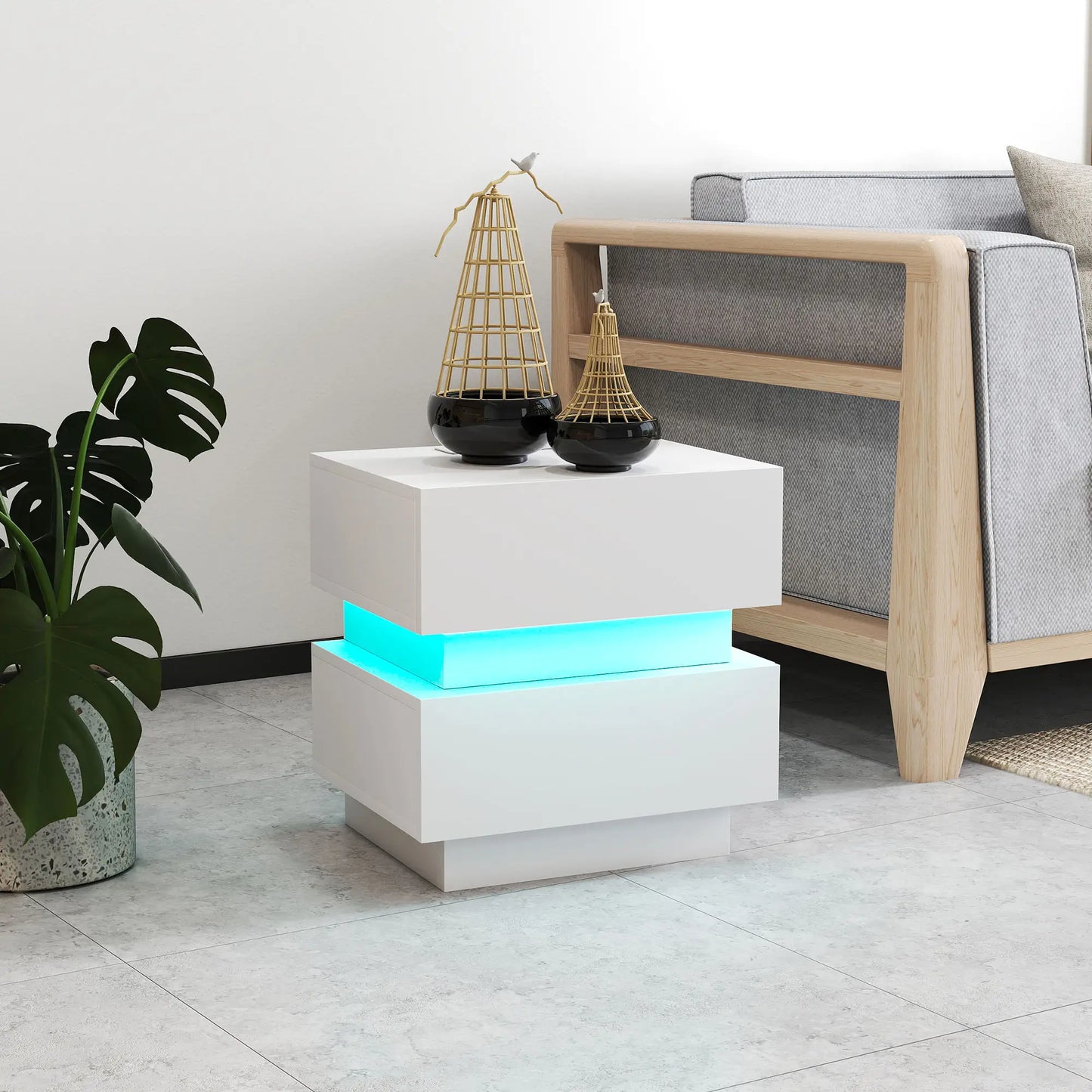 Modern Nightstand with Charging Station, LED Light, USB Ports, White Bedside Tables at Gallery Canada