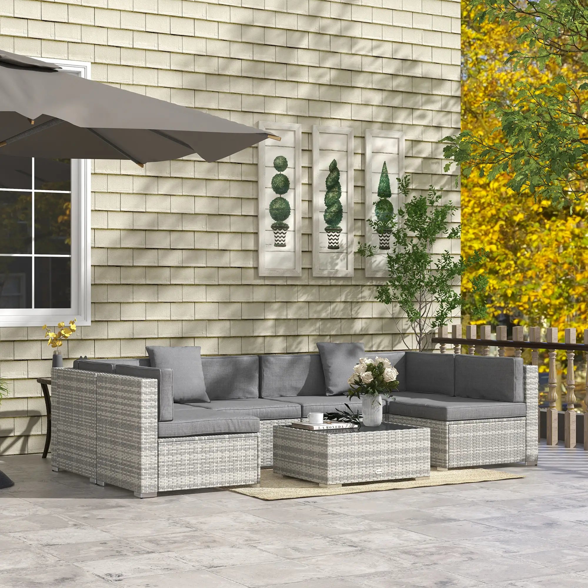 7pc Garden Wicker Sectional Set, Tea Table, Patio Rattan Sofa, Grey Patio Furniture Sets at Gallery Canada