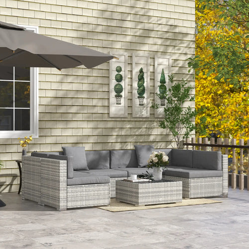 7pc Garden Wicker Sectional Set, Tea Table, Patio Rattan Sofa, Grey
