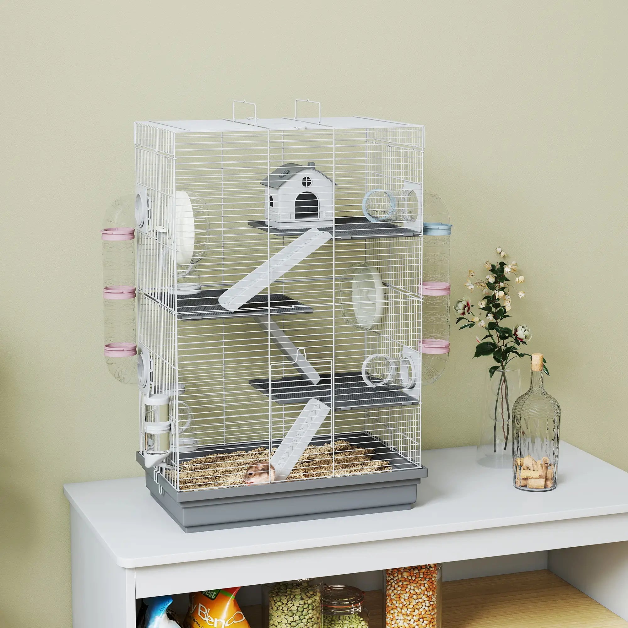 4-Level Large Hamster Cage, DIY Tubes, Water Bottle, Food Dish, Hut, Exercise Wheels, Grey Hamster Cages at Gallery Canada